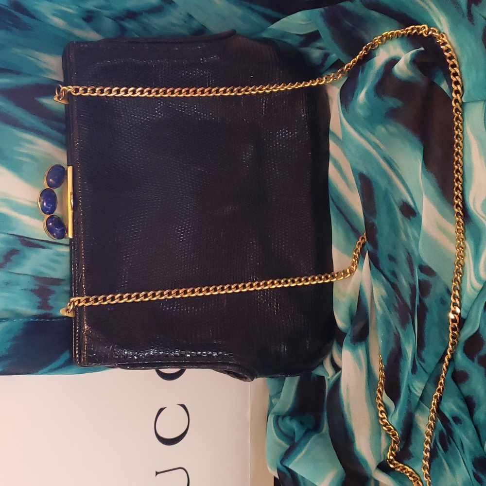 Gucci Vintage Rare Black Lizzard LAPIS STONE Beads Shoulder Clutch Bag GORGEOUS!